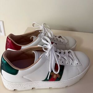 Gucci Women's White Sneakers with Red and Green Details